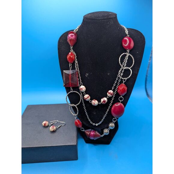 Red & silver beaded, layered necklace w/earrings set - Picture 1 of 5